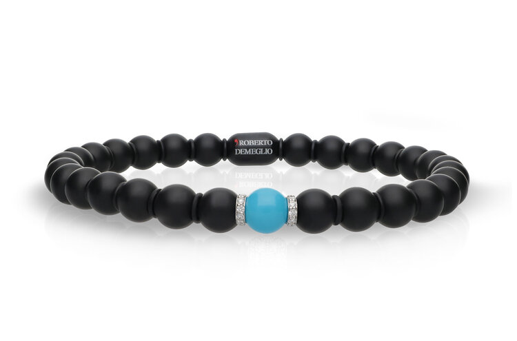 Demeglio Sphere Large Bracelet in Satin Black Ceramic with Ceramic Interlayers and Turquoise Sphere