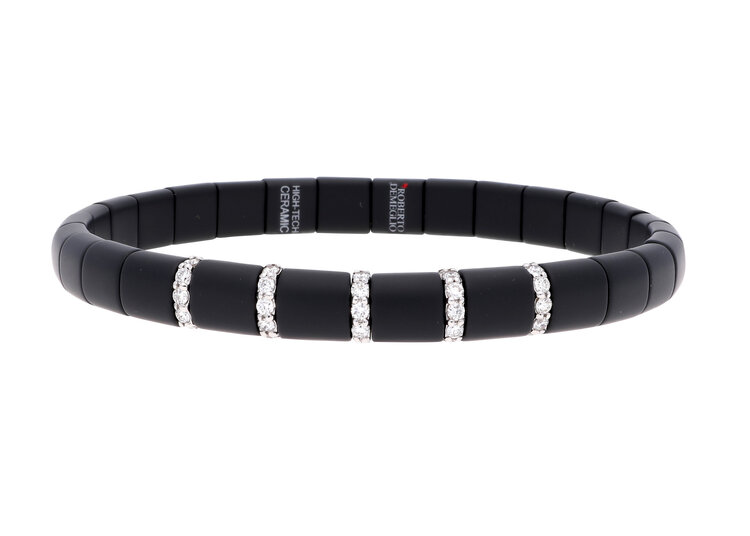 Demeglio Pura Bracelet in Satin Finished Black Ceramic with 5 White Diamonds in White Gold  Bars