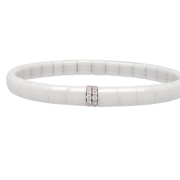 Demeglio Light Bracelet in Polished White Ceramic with 2 Adjacent Bars and White Diamonds in White Gold