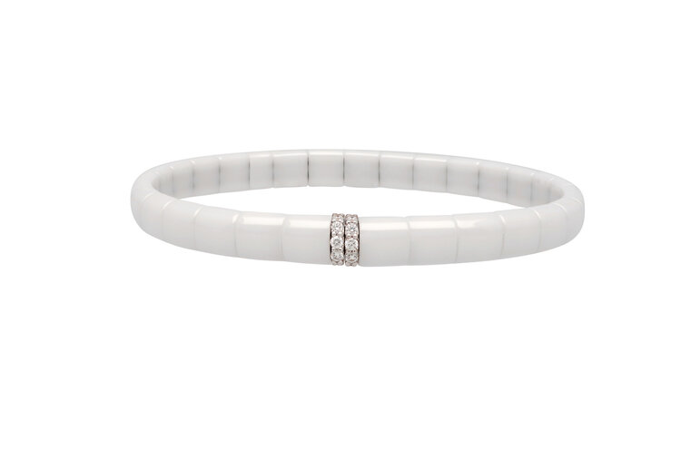 Demeglio Light Bracelet in Polished White Ceramic with 2 Adjacent Bars and White Diamonds in White Gold