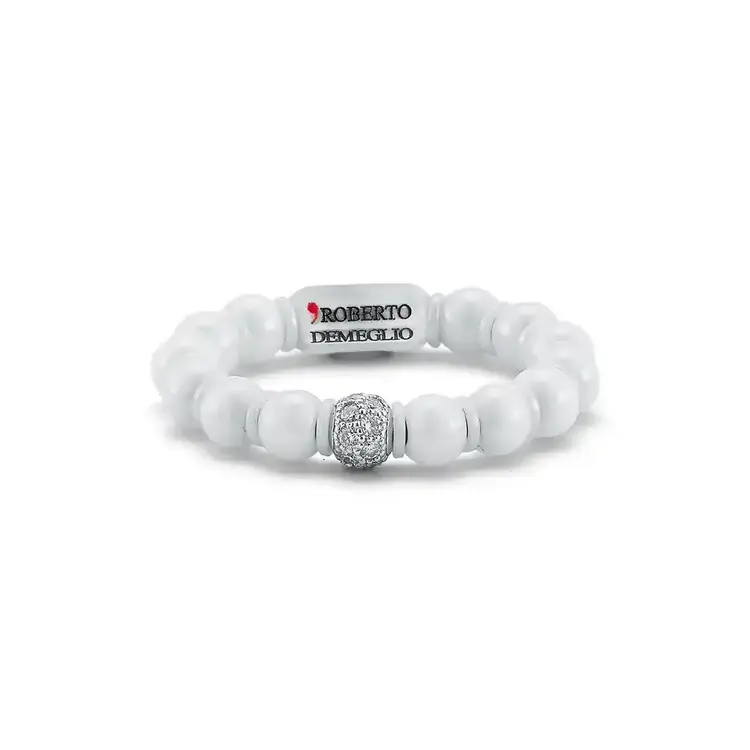 Demeglio Shiny White Ceramic Sphere Ring with Ceramic Interlayers and White Diamond Sphere in White Gold