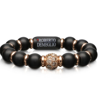 Demeglio Satin Black Ceramic Sphere Ring with Ceramic Interlayers and Brown Diamond Sphere in Rose Gold