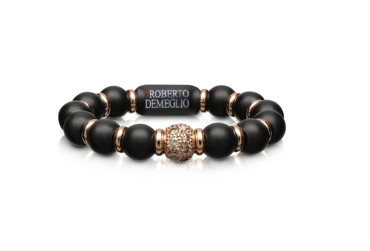 Demeglio Satin Black Ceramic Sphere Ring with Ceramic Interlayers and Brown Diamond Sphere in Rose Gold