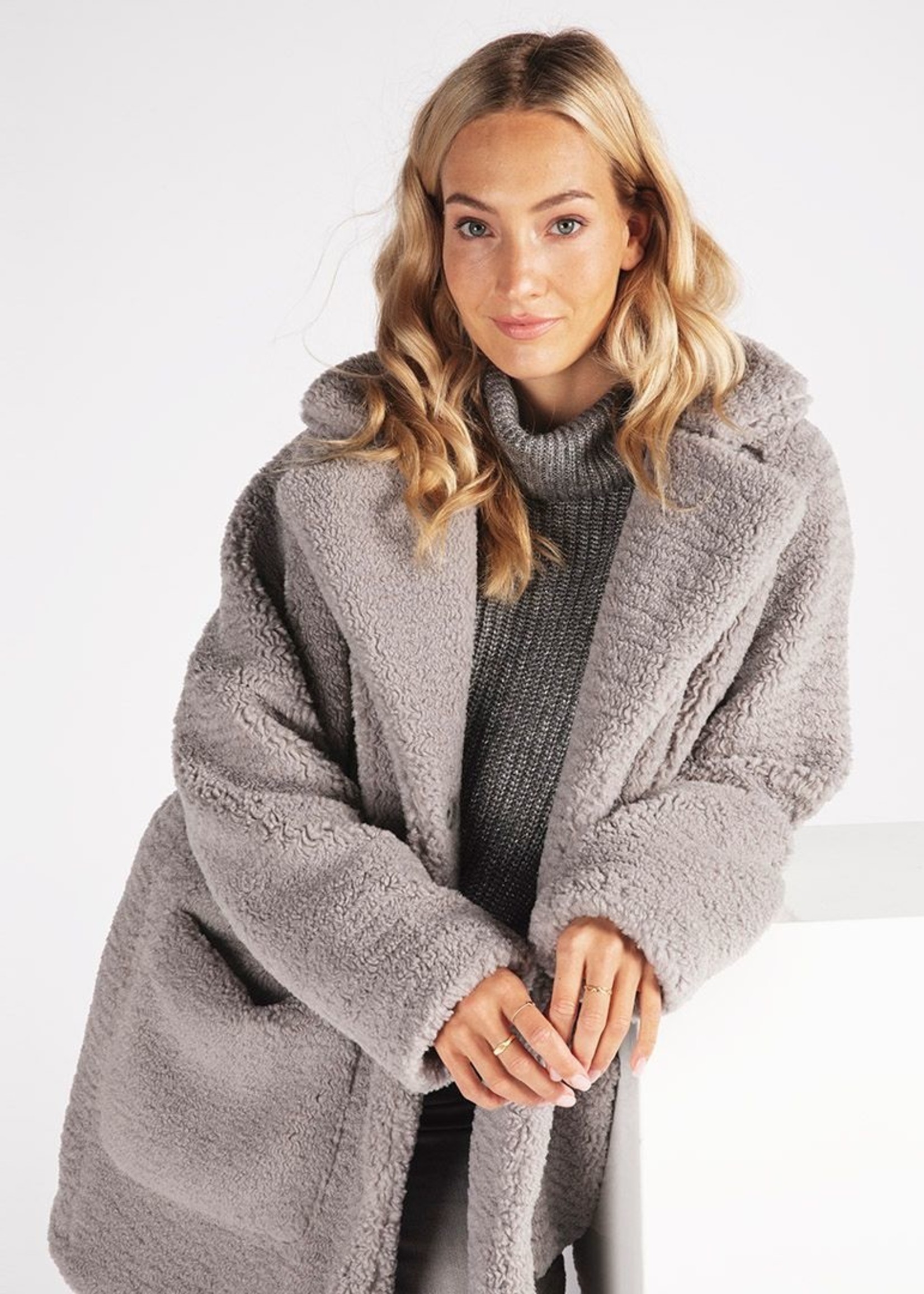 grey long teddy coat