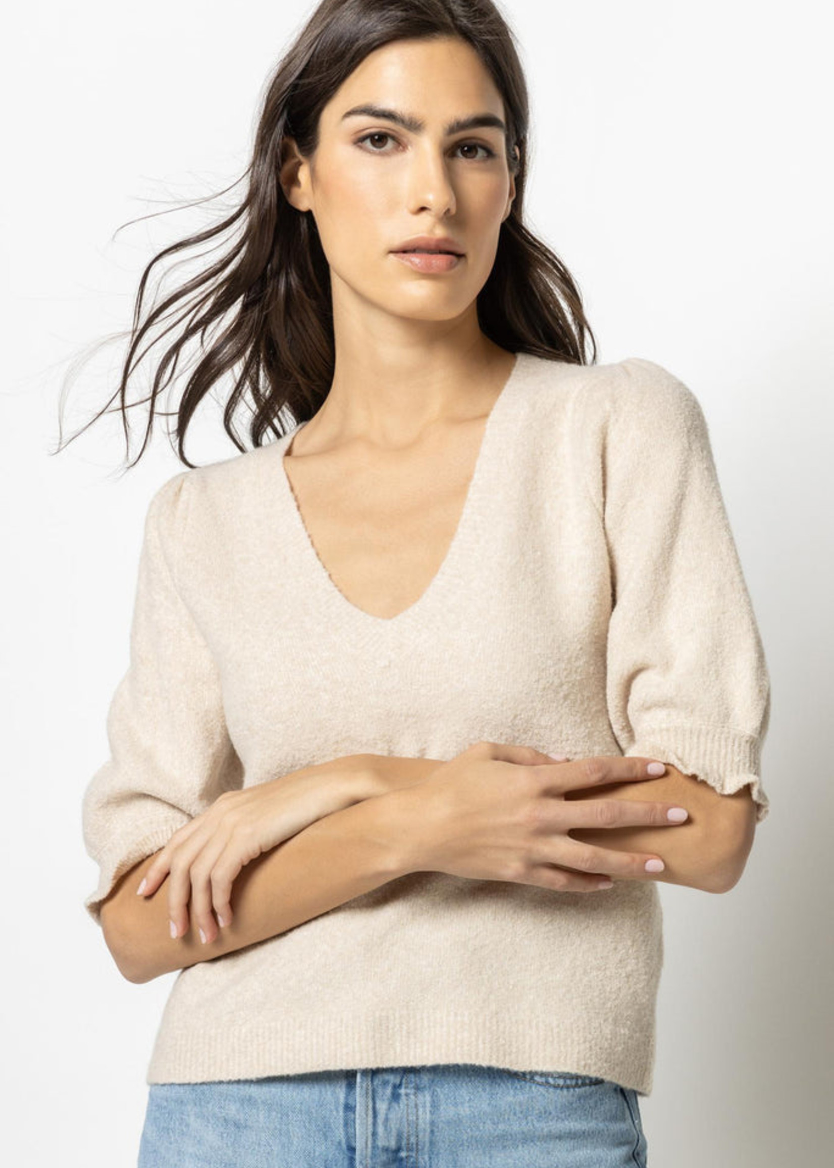 Elbow Sleeve V-Neck Sweater - Oatmeal