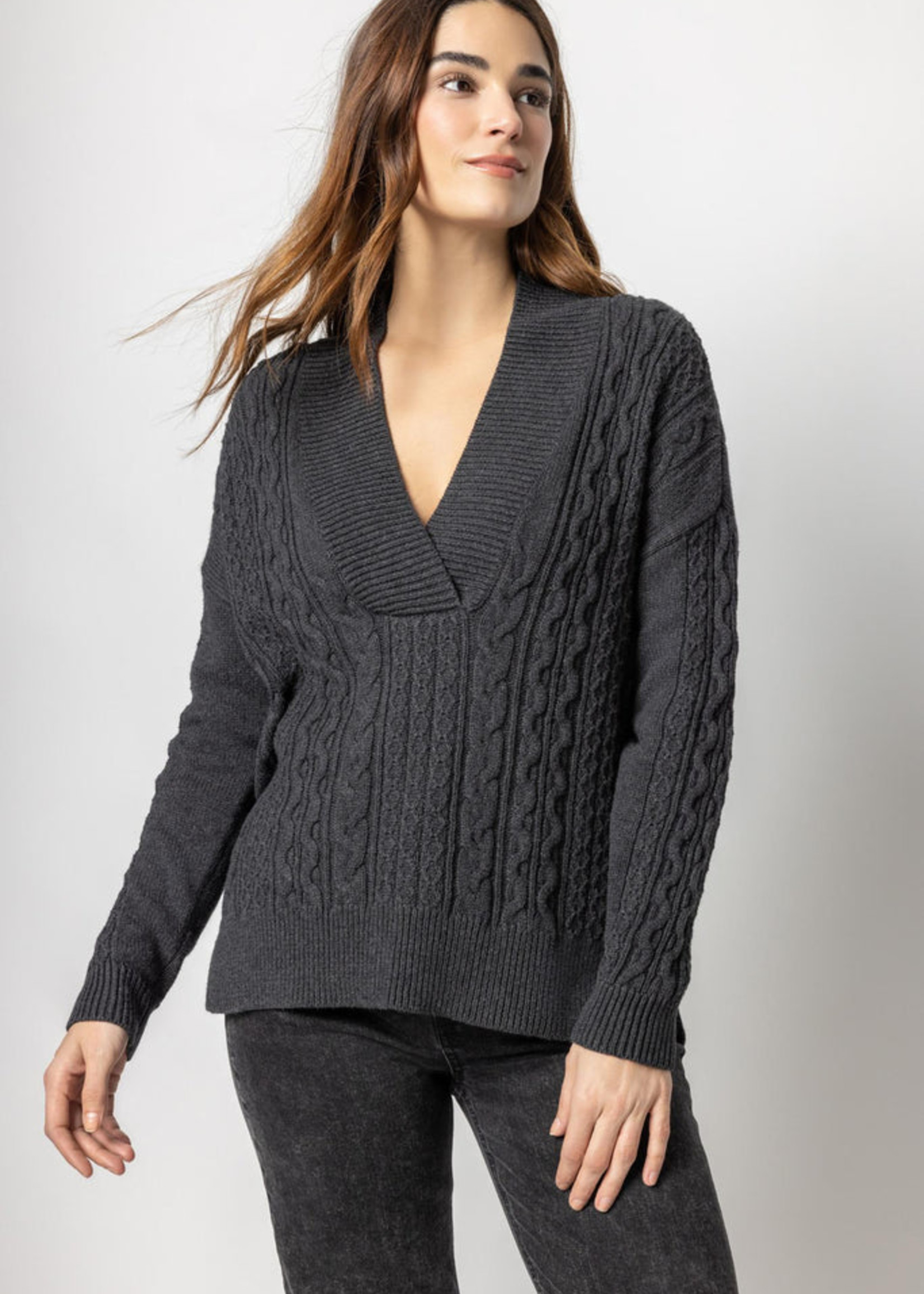 Shawl Collar Cable Sweater - Charcoal