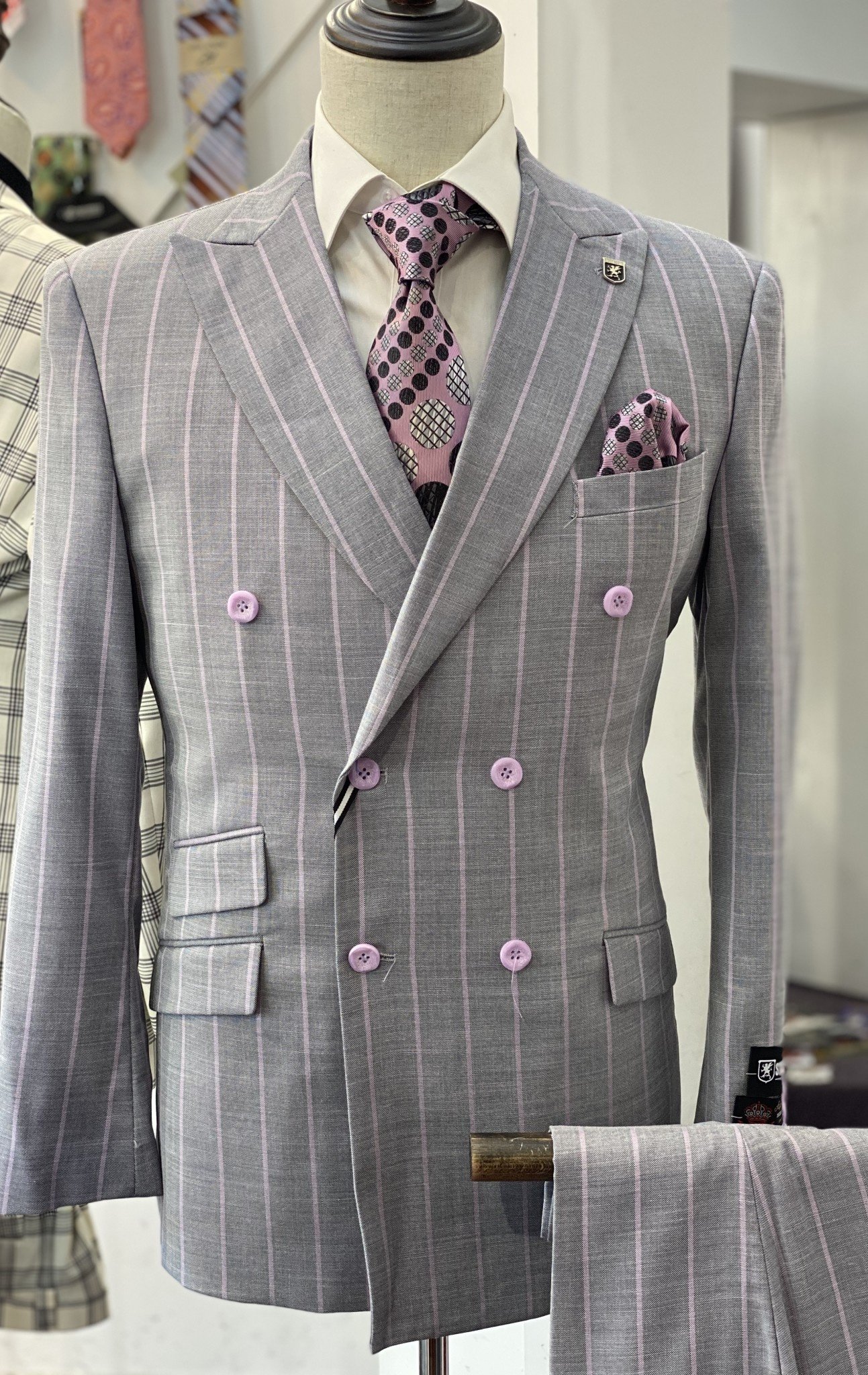 pink pinstriped suit