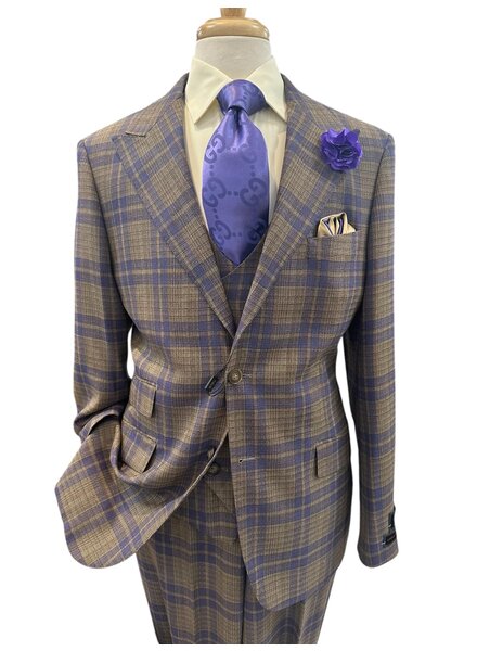 Tiglio Tiglio Gaberdine Plaid Vested Suit (Prosecco)