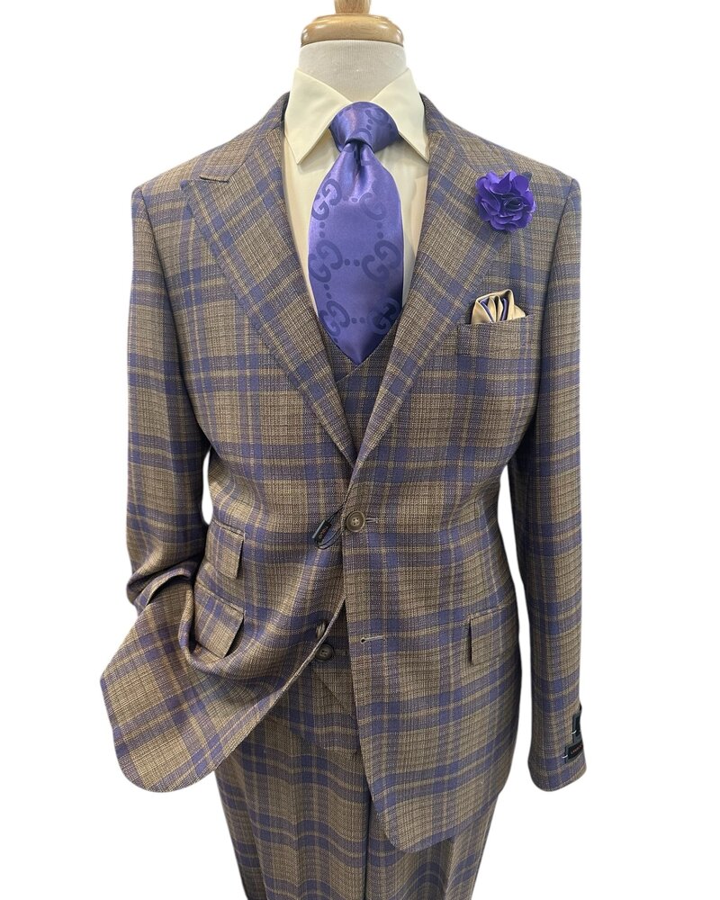 Tiglio Tiglio Gaberdine Plaid Vested Suit (Prosecco)