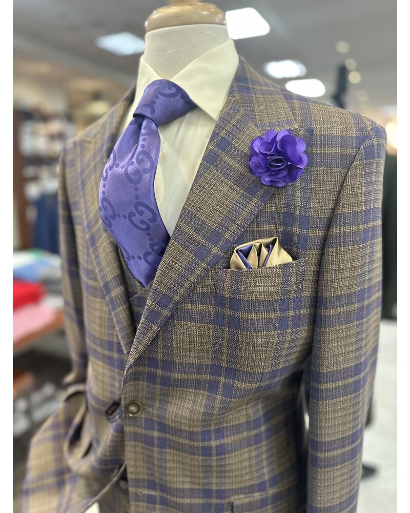 Tiglio Tiglio Gaberdine Plaid Vested Suit (Prosecco)