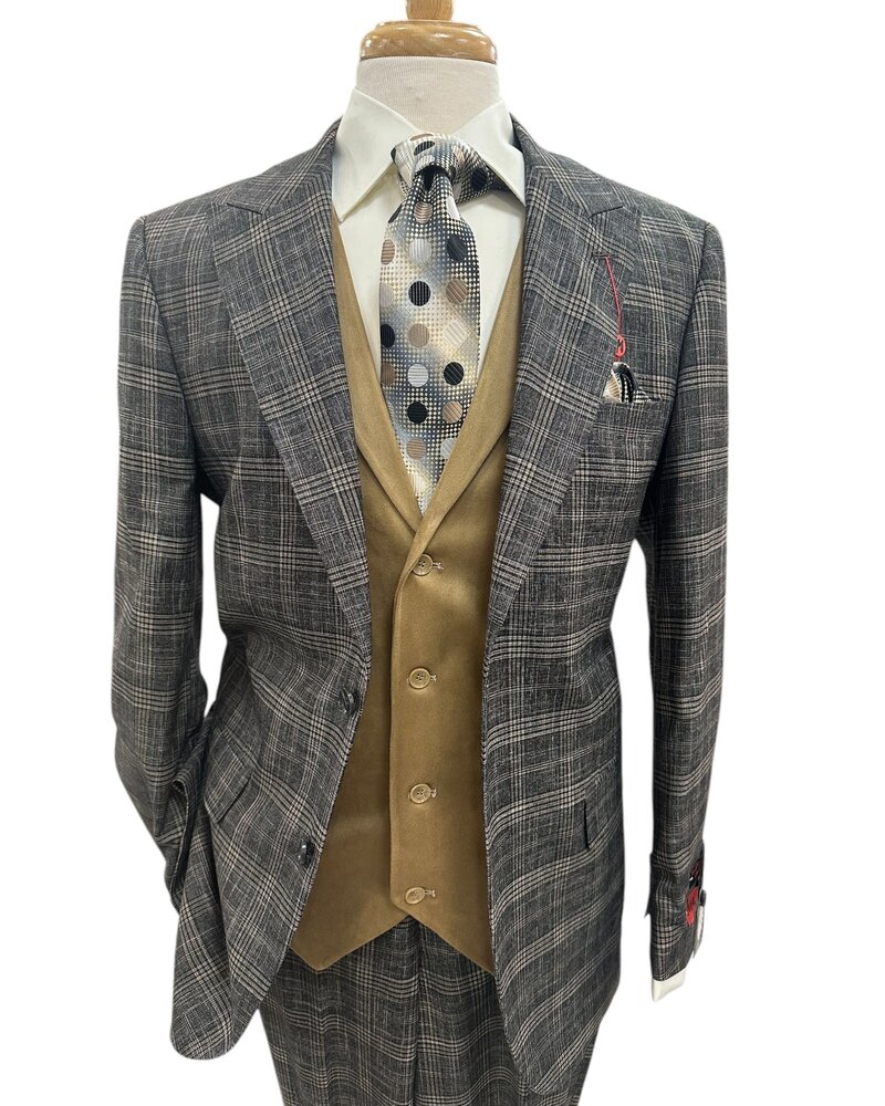 Mazari Mazari 2B Plaid Suit W/Velvet Vest
