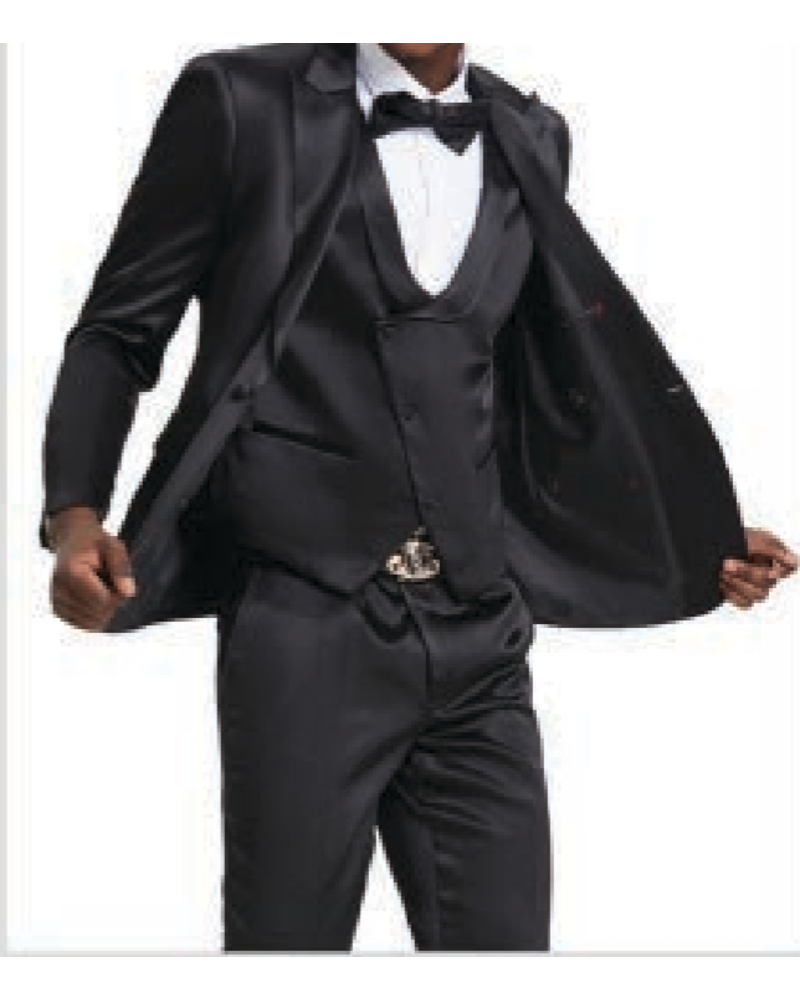 Tazio Tazio Peak Lapel Satin Vested Suit