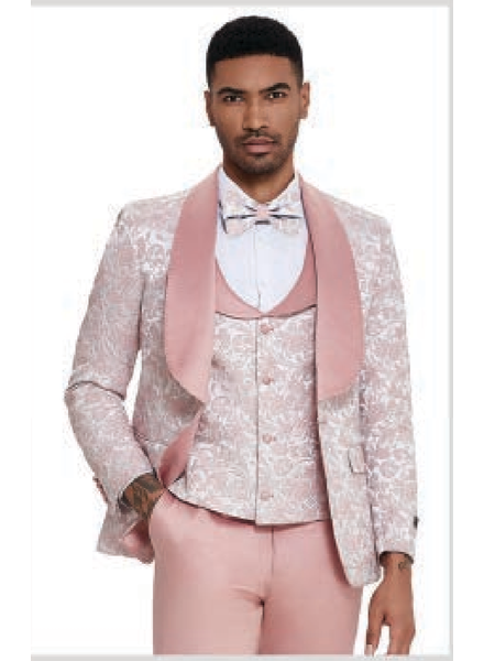 Tazio Tazzio Floral Shawl Lapel Vested Suit W/Bow Tie