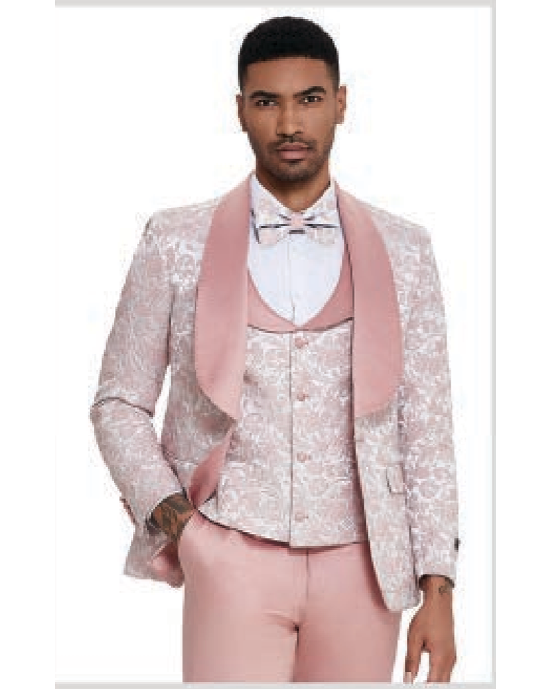 Tazio Tazzio Floral Shawl Lapel Vested Suit W/Bow Tie