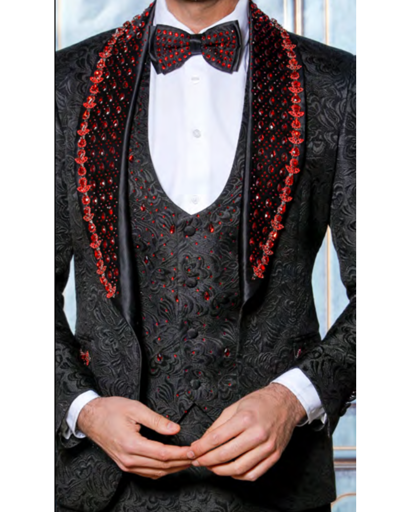 Manzini Manzini Shawl Lapel Vested Suit W/Stone