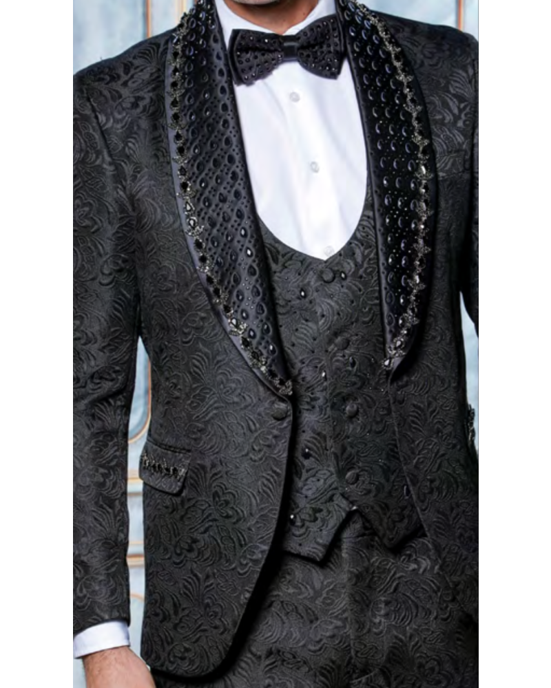 Manzini Manzini Shawl Lapel Vested Suit W/Stone