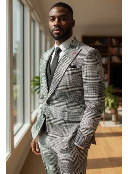 2B Glen Plaid Suit W/Solid Vest