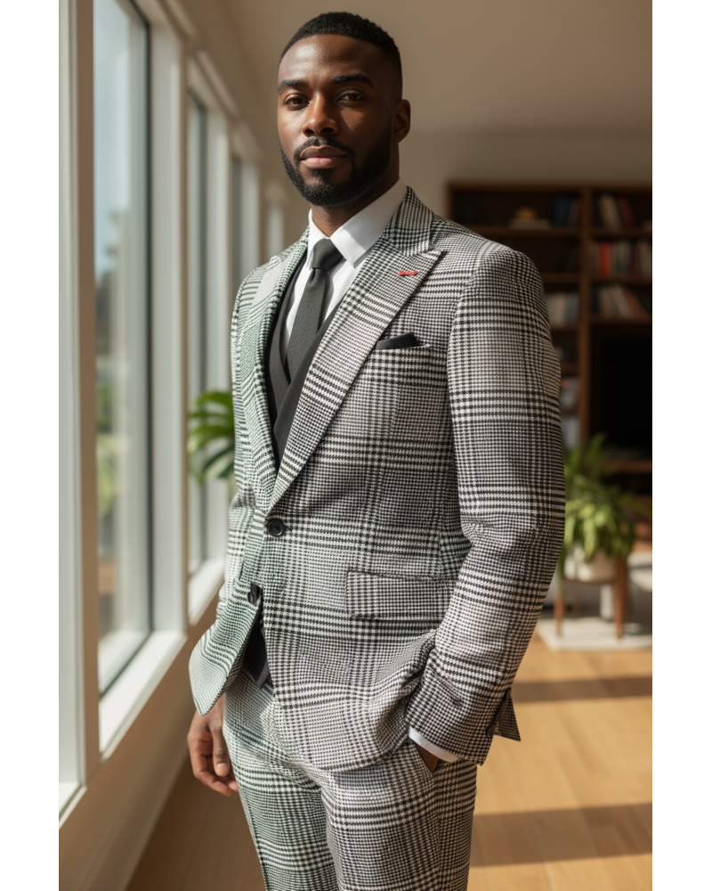 2B Glen Plaid Suit W/Solid Vest