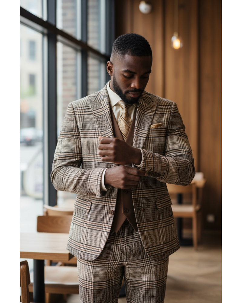 2B Glen Plaid Suit W/Solid Vest