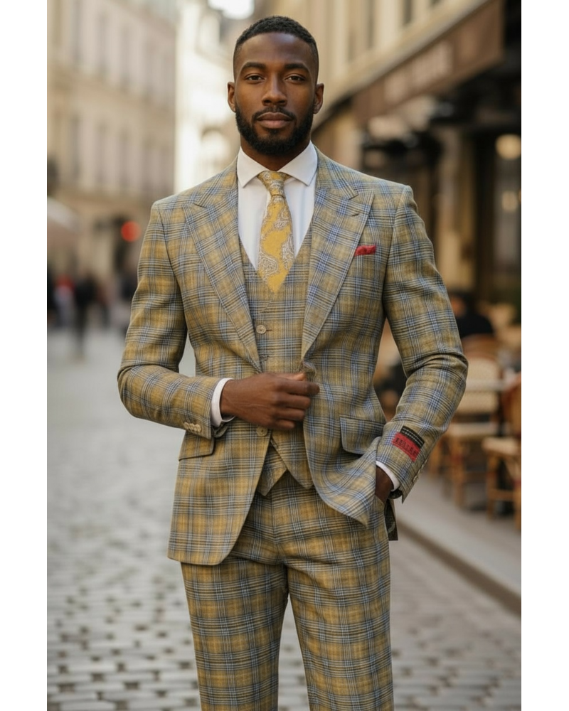 Mazari 2B Peak Lapel Plaid Vested Suit