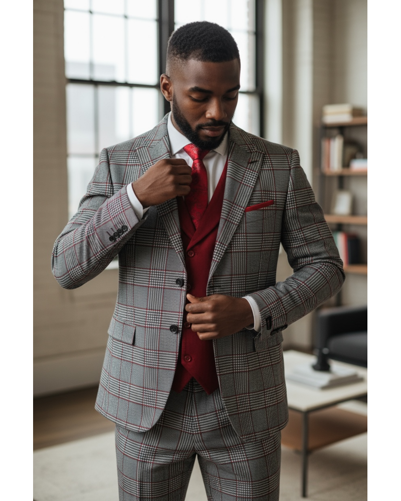 Mazari 2B Peak Lapel Window Pane Solid Velvet Vest