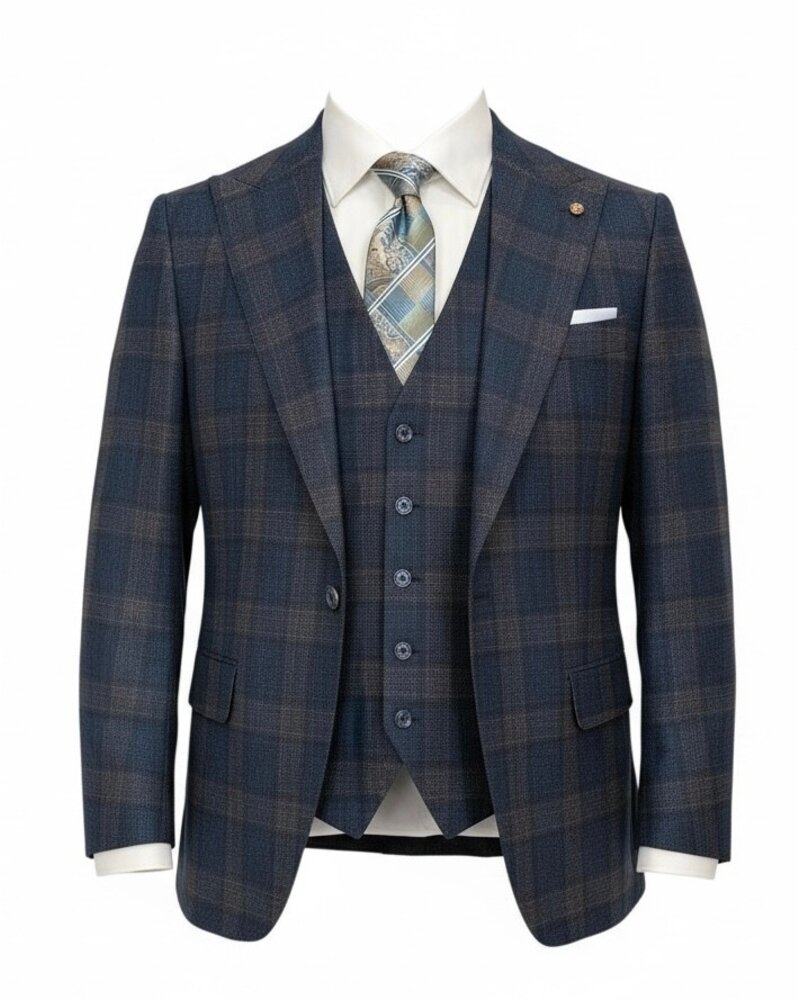 Tiglio Tiglio Wide Peak Lapel Plaid Vested Suit