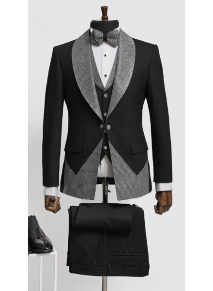 1B Shinny Shawl Lapel Vested Tuxedo W/Bow Tie (Slim Fit)