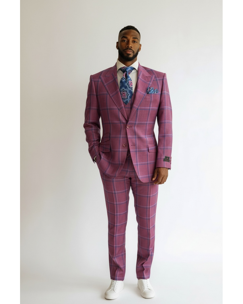 Tiglio Tiglio Gaberdine Plaid Vested Suit (Prosecco)