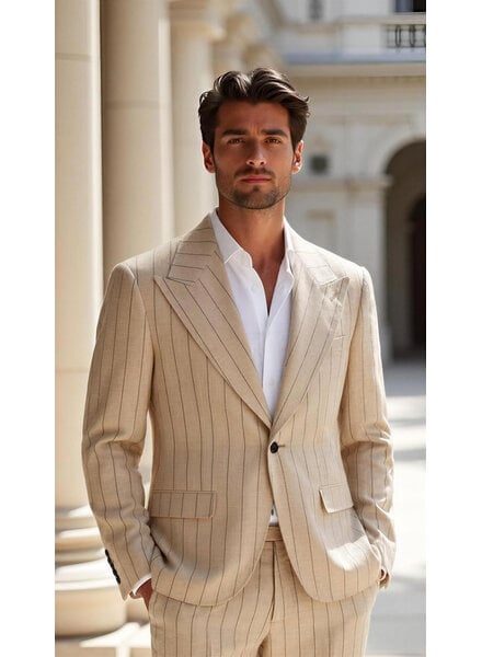 Cigar Cigar Wide Peak Lapel Pinstripe Linen Suit