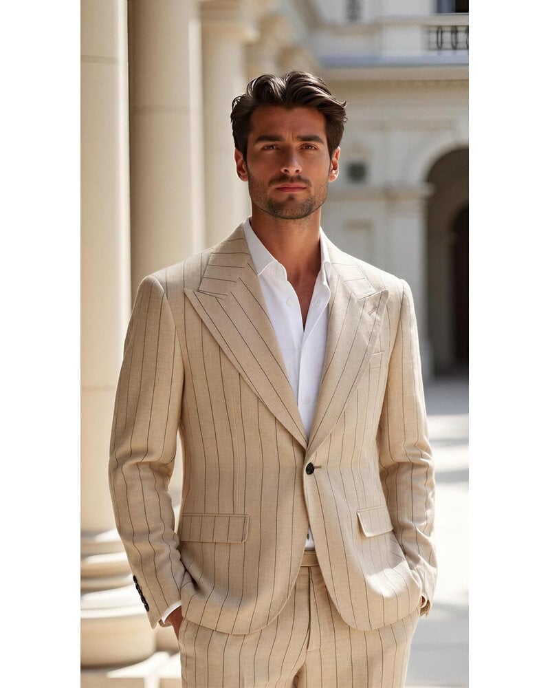 Cigar Cigar Wide Peak Lapel Pinstripe Linen Suit