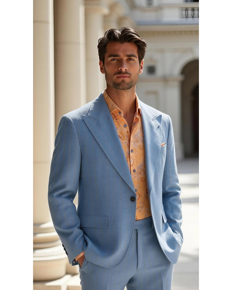 Cigar Cigar Wide Peak Lapel Pinstripe Linen Suit