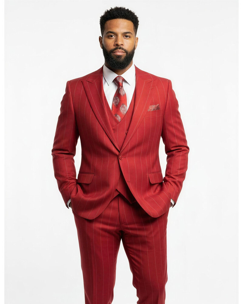Mazari Mazari 1B Peak Lapel Pinstripe Vested Suit