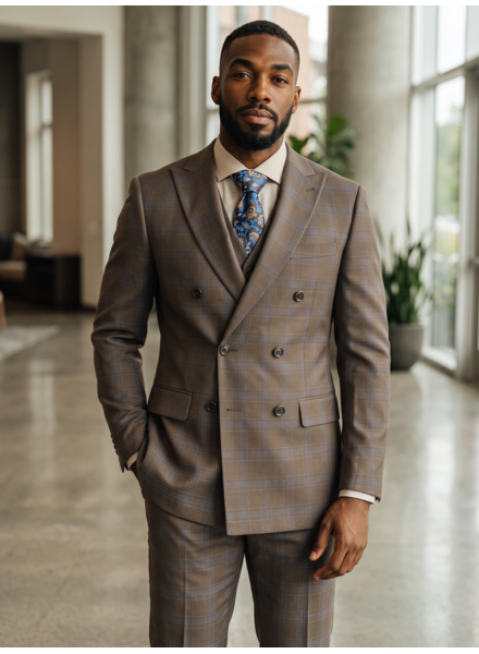 Tayion Tayion D/B Peak Lapel Plaid Vested Suit