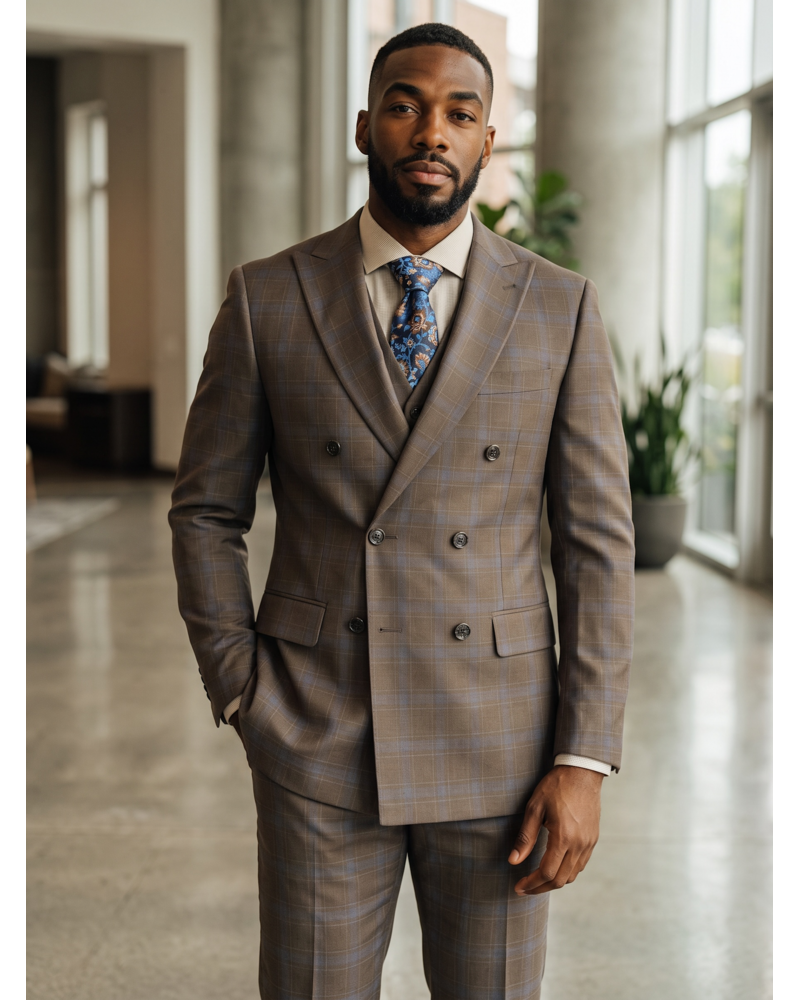 Tayion Tayion D/B Peak Lapel Plaid Vested Suit