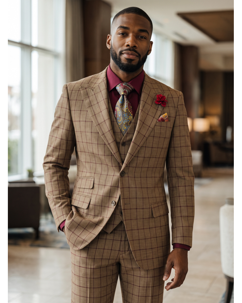 Saboo Saboo Peak Lapel Window Paine Vested Suit