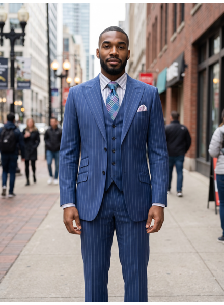 Saboo Saboo Peak Lapel Pinstripe Vested Suit
