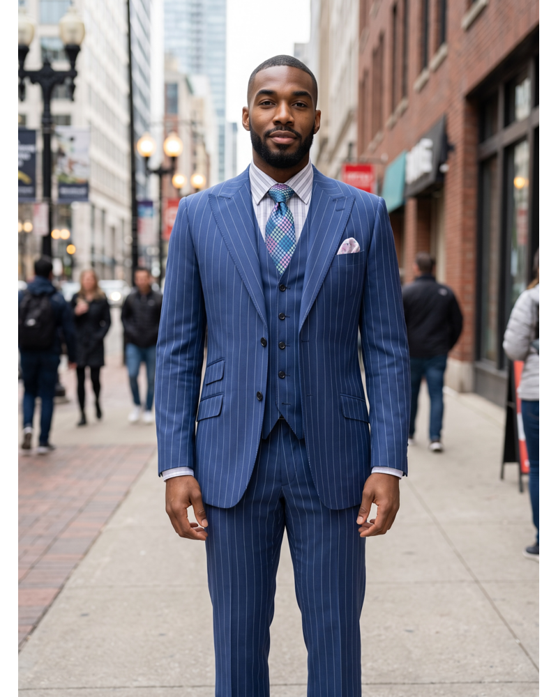 Saboo Saboo Peak Lapel Pinstripe Vested Suit