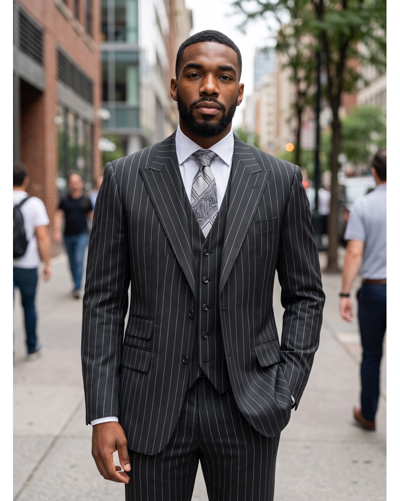 Saboo Saboo Peak Lapel Pinstripe Vested Suit