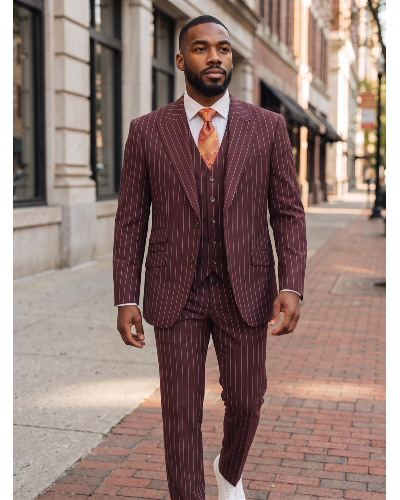 Saboo Saboo Peak Lapel Pinstripe Vested Suit