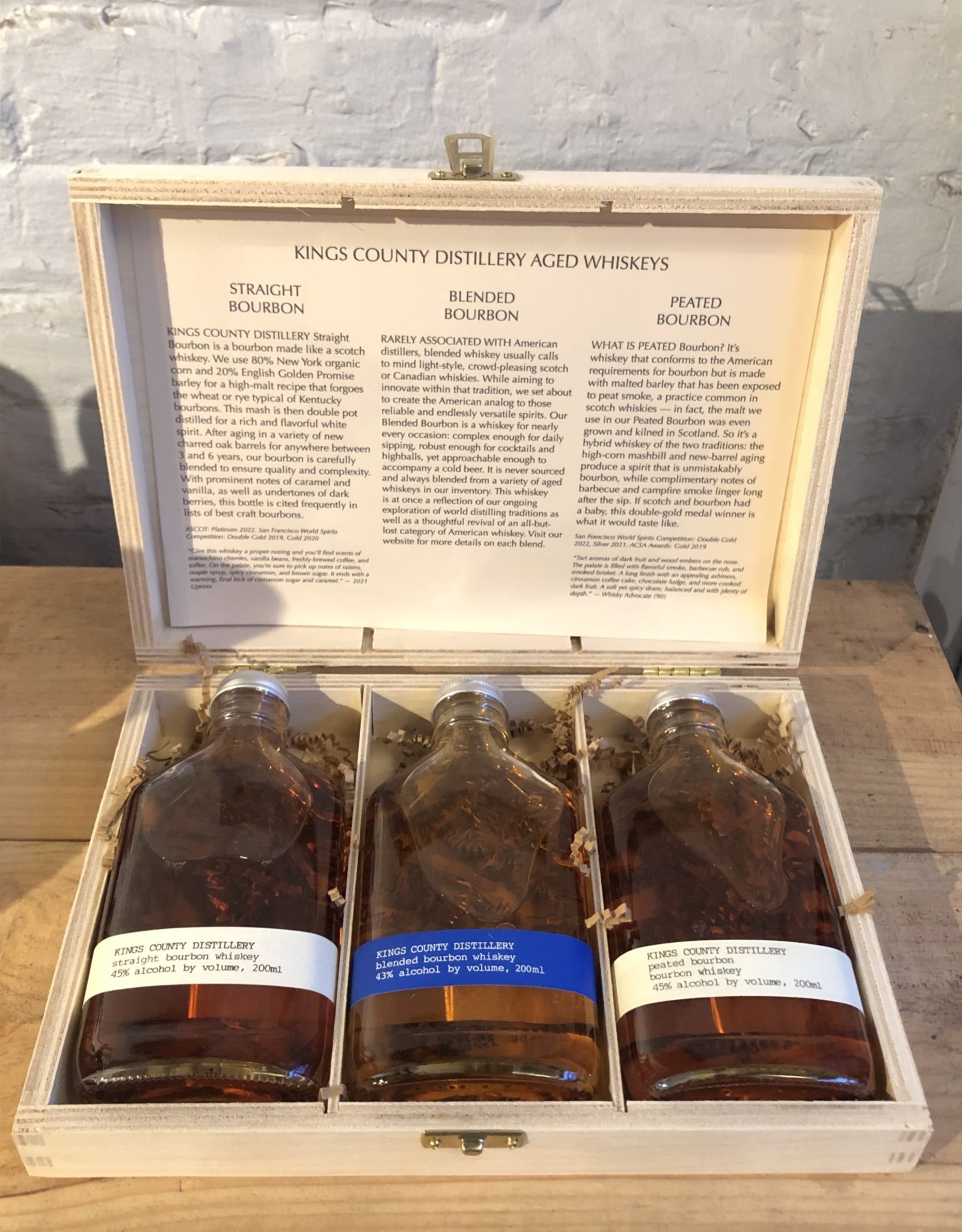 Kings County Distillery Aged Bourbon Whiskey Trio A - Straight Bourbon, Peated Bourbon & Blended Bourbon - Brooklyn (Three x 200ml Flask Gift Set in Wooden Box)