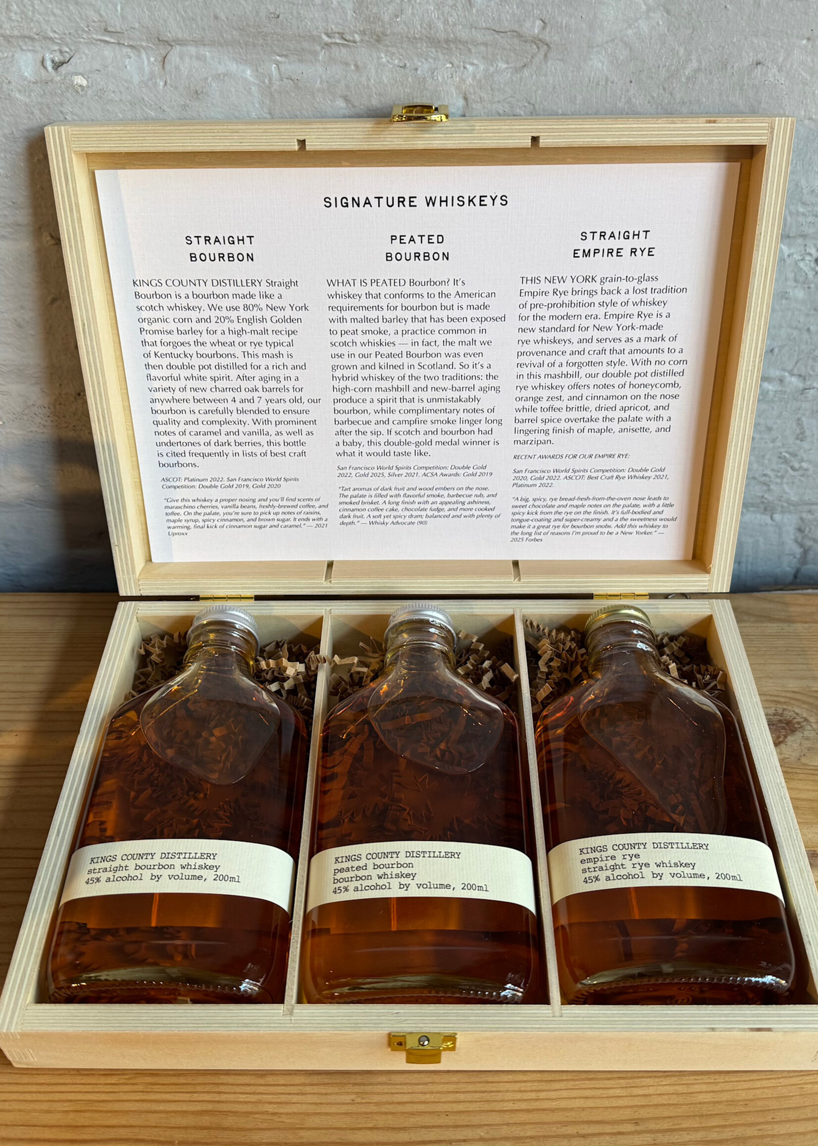 Kings County Distillery Signature Whiskey Trio - Straight Bourbon, Peated Bourbon & Empire Rye - Brooklyn (Three x 200ml Flask Gift Set in Wooden Box)