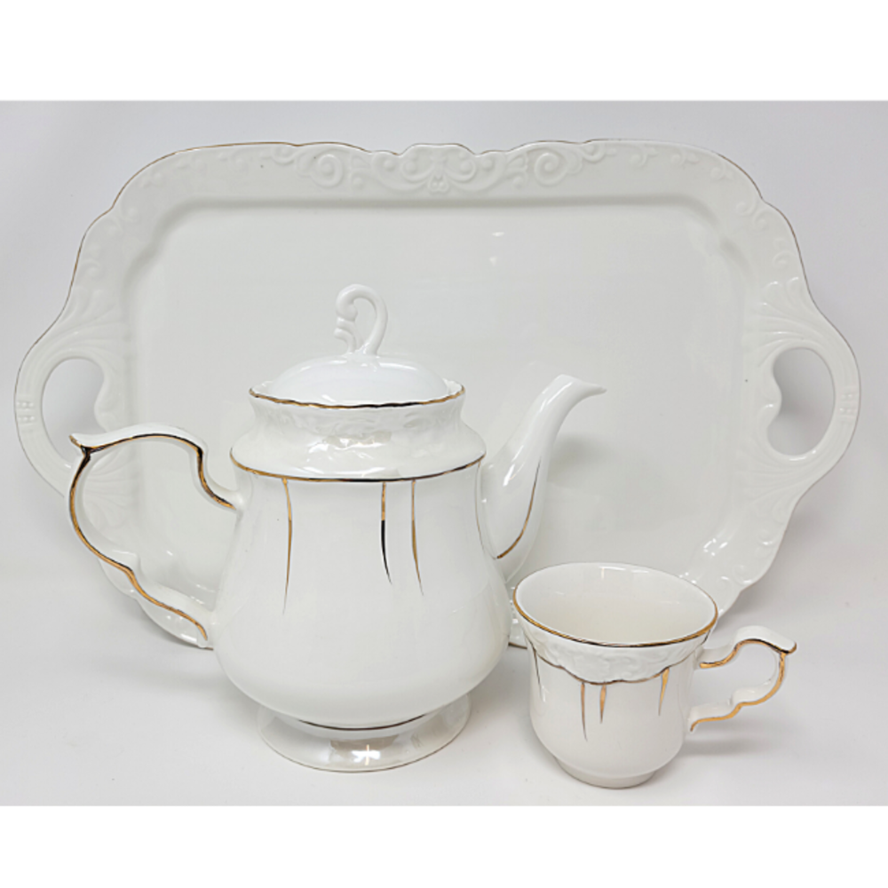 8Pcs Tea Set w/ Tray- White/Gold