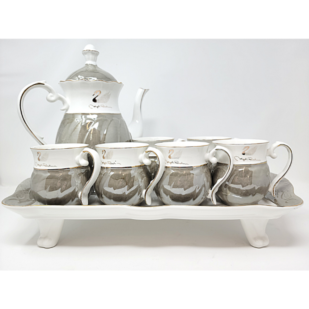 8Pcs Tea Set w/ Tray- Grey/Gold