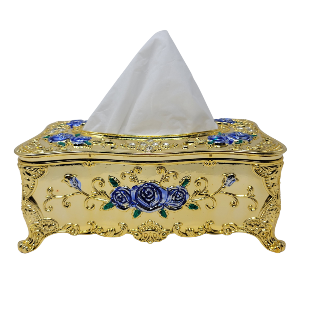 Decorative Tissue Box Gold/Blue Flowers