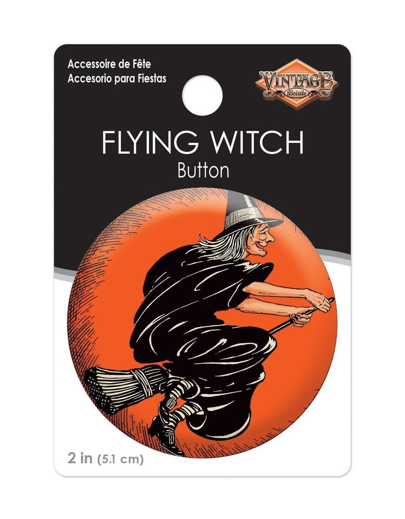 Vintage Halloween Flying Witch Button