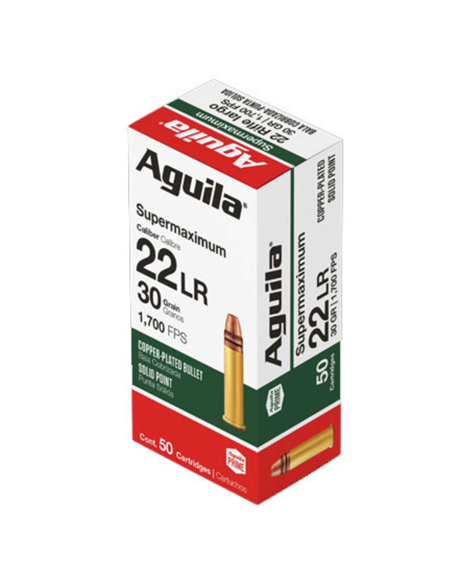 Aguila Aguila Supermaximum 22 LR Hyper Velocity Copper-Plated Solid Point 30 Grain 50 Rounds 1700FPS
