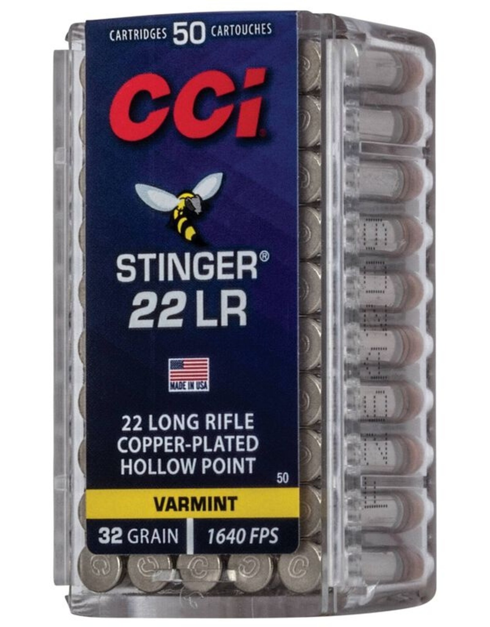 CCI CCI Stinger, 22 LR, 32 Grain, Copper Plated Hollow Point, 1640 fps