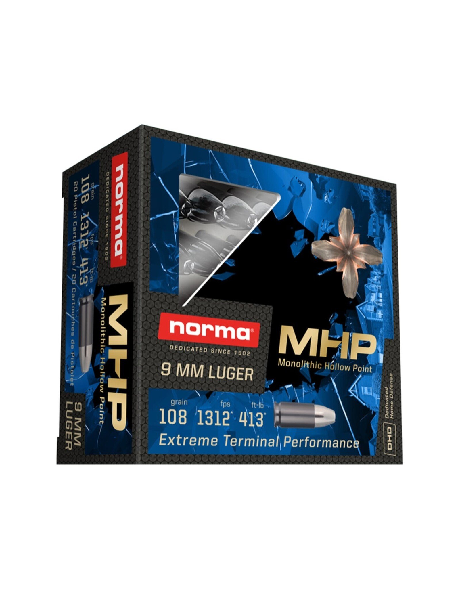Norma Norma Home Defense MHP 9mm Luger Ammo 108 Grain Norma Monolithic Solid Hollow Point Lead Free Box of 20