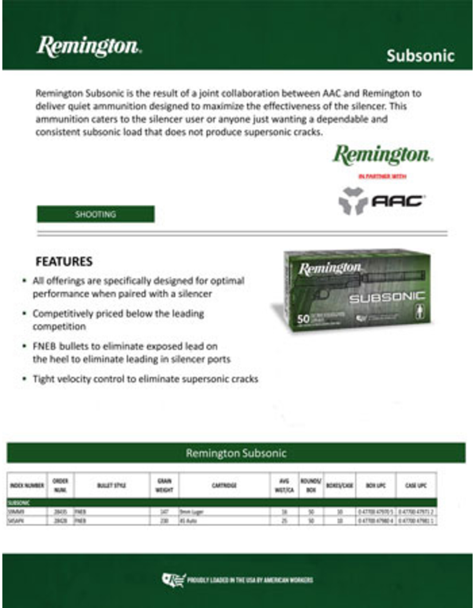 Remington Remington Subsonic 9mm 147 Grain FNEB 50 Rounds 28435