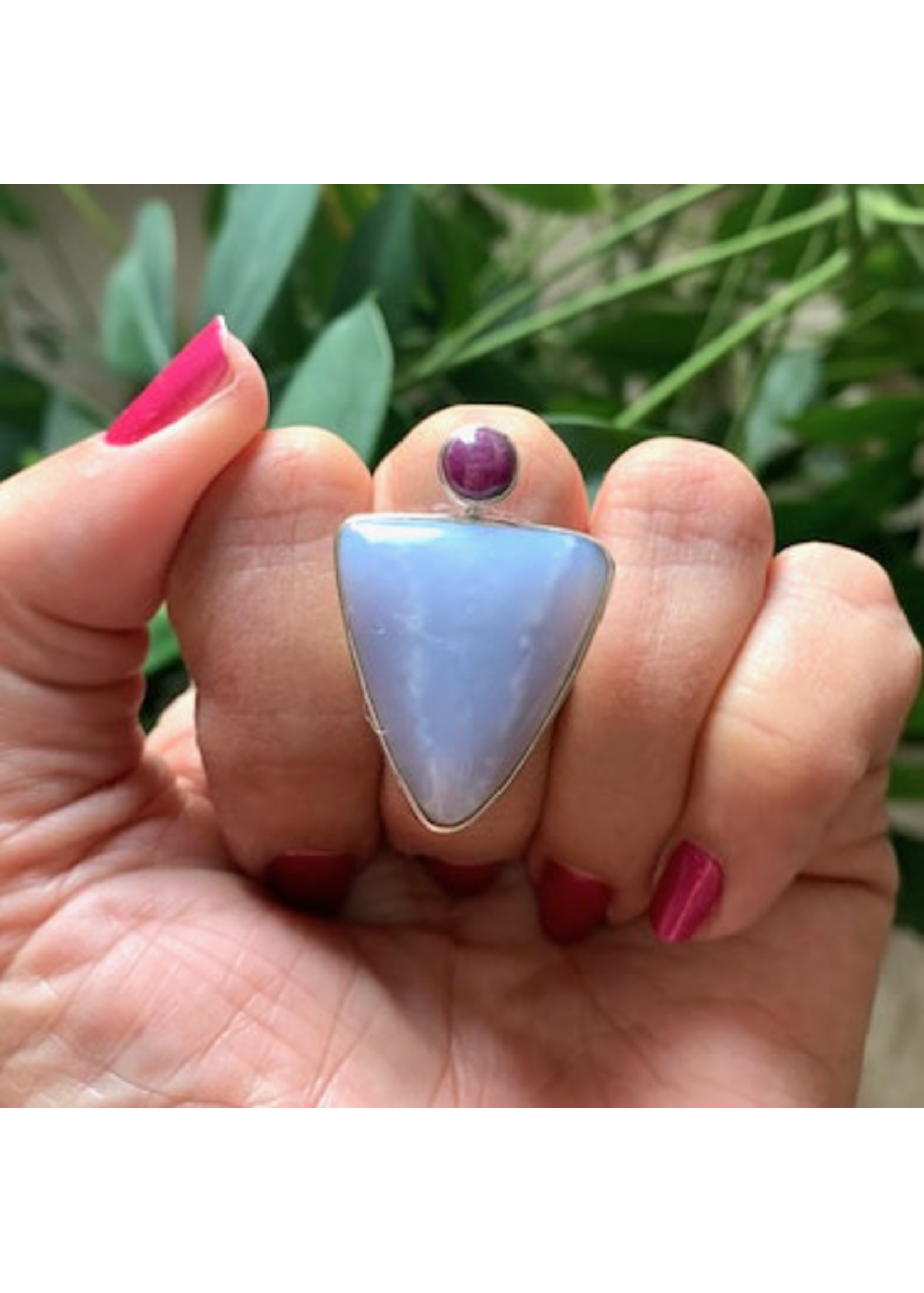 Blue Chalcedony and Star Ruby Ring for restoring and igniting your spirit